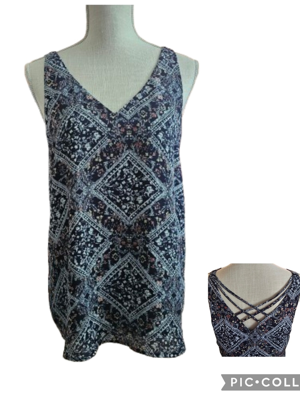 Maurices Navy and White Printed V-Neck Crisscross Back Tank
